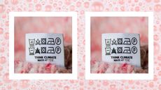 A pink bubbly background with pictures of laundry care labels on it.