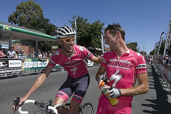 Bronze medallist Damien Turner receives some congratulations from Total Rush teammate Will Tehan.