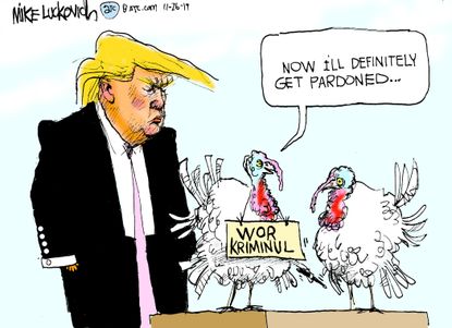Political Cartoon U.S. Trump Thanksgiving Turkey Pardon War Criminal