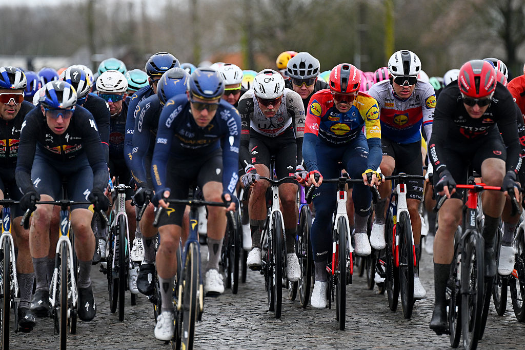 NIVONE, BELGIUM - FEBRUARY 28: (L-R) Julius Johansen of Denmark and UAE Team Emirates - XRG, Edward Theuns of Belgium and Mathias Vacek of Czech Republic and Team Lidl - Trek compete during the 21st Omloop Het Nieuwsblad 2026, Men&amp;amp;apos;s Elite a 207.2km one day race from Ghent to Ninove / #UCIWT / on February 28, 2026 in Ninove, Belgium. (Photo by Tim de Waele/Getty Images)