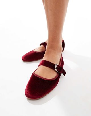 Asos Design Lou Mary Jane Ballet in Burgundy Velvet