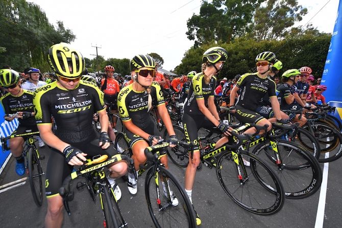 Mitchelton-Scott line up at the start of stage 1 of the 2019 Women's Tour Down Under in Hahndorf, South Australia