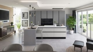 white and grey kitchen with large modern kitchen island