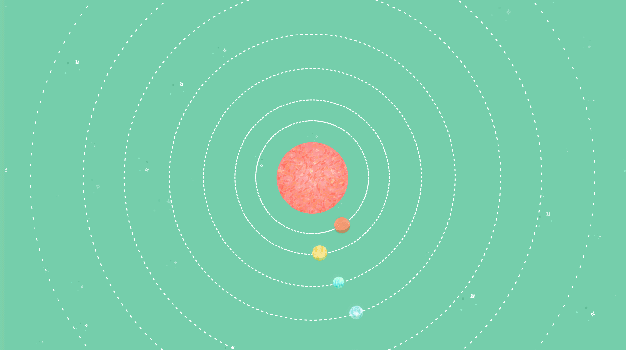 a number of planets orbit around a central orange star in perfect circles