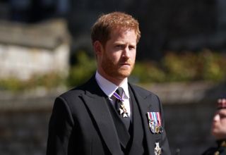 Prince Harry arrives for the funeral of Prince Philip, Duke of Edinburgh at St George's Chapel at Windsor Castle