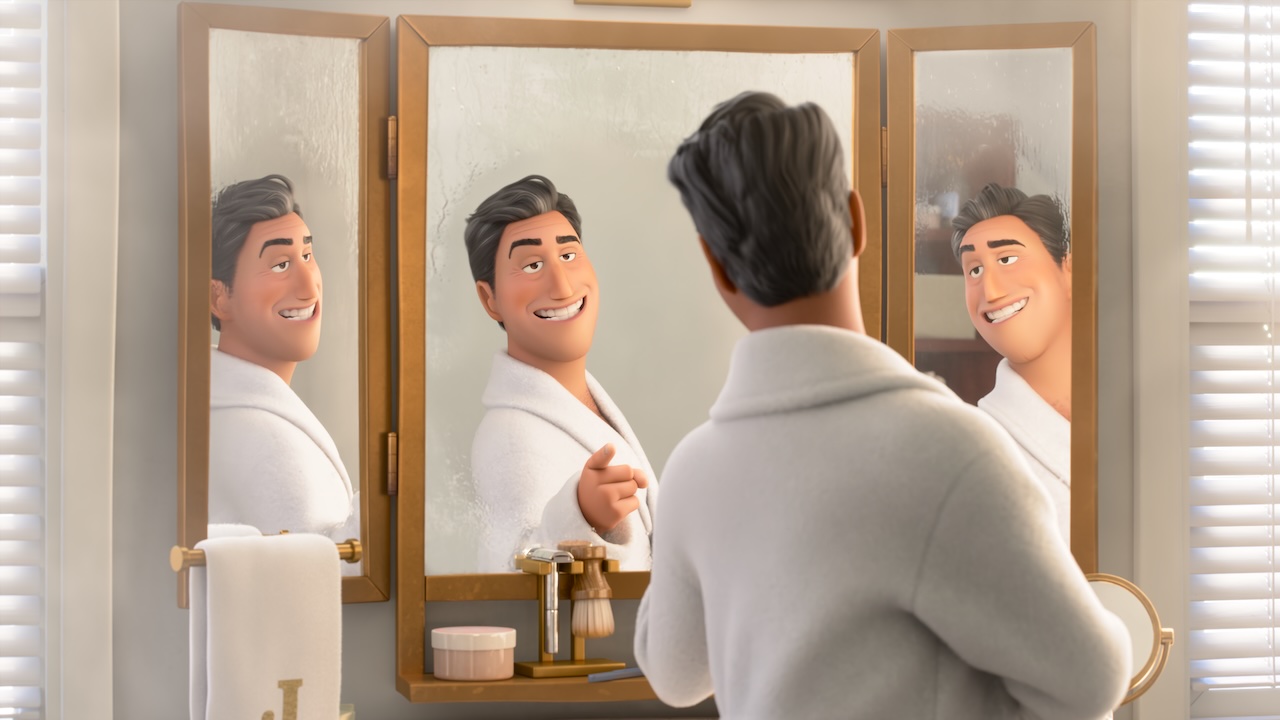 Mayor Jerry smiling in front of a mirror in Hoppers