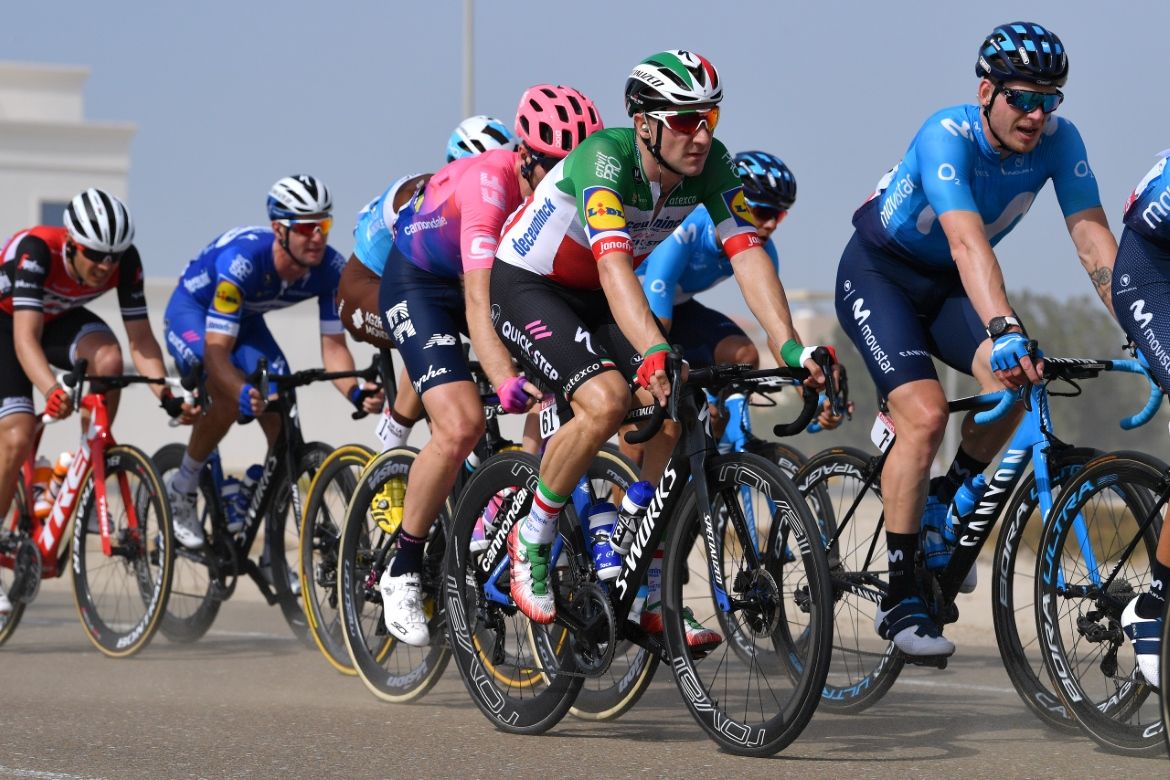 Elia Viviani was caught out in the earlier crosswinds