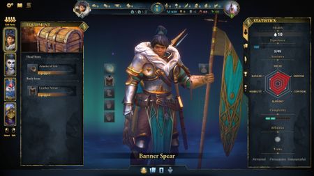 A female-presenting warrior in armor and furs holding a banner stares into the foreground, surrounded by an equipment menu and statistics block