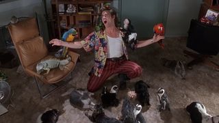 Jim Carrey as Ace Ventura welcomes his pets in Ace Ventura: Pet Detective