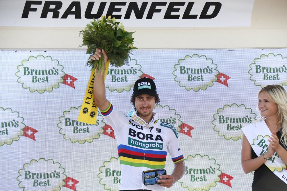Peter Sagan (Bora-Hansgrohe) on the podium at the Tour de Suisse