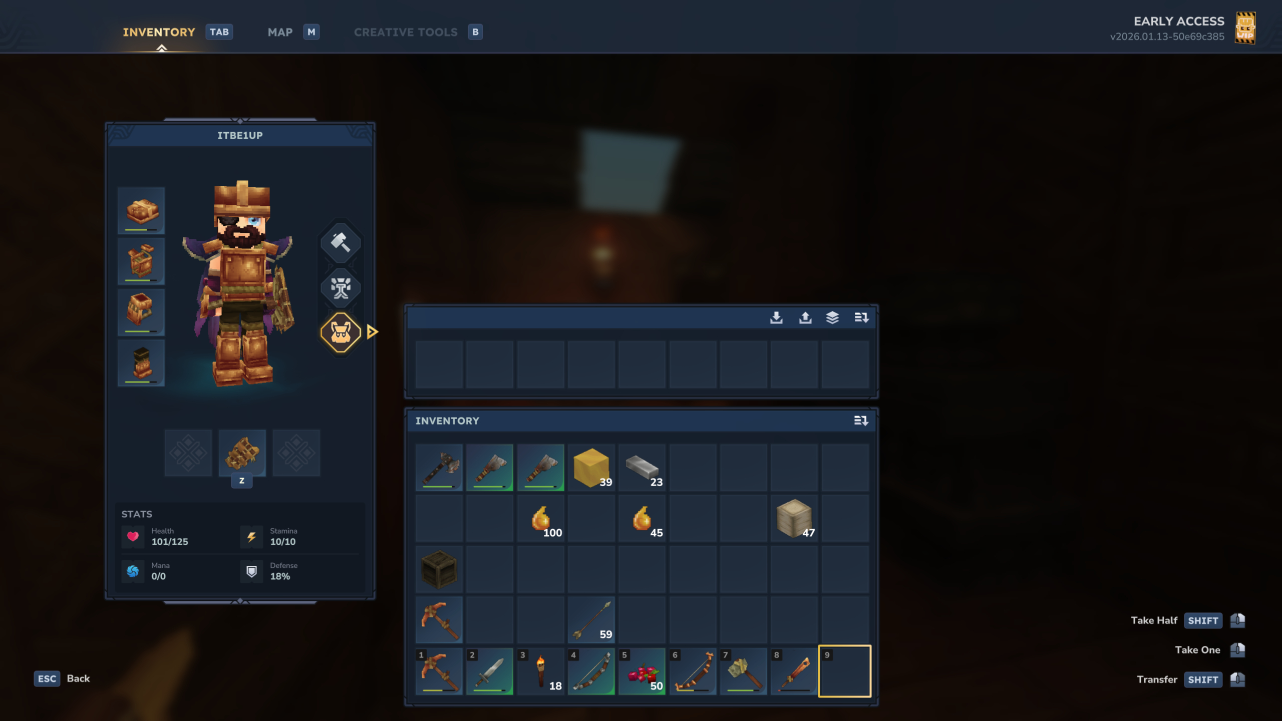 Hytale backpack: The backpack equipped in the inventory screen, showing an extra nine slots above the standard inventory.