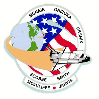 STS 51L crew members designed this patch which would have represented their mission. The graphic depicts Challenger launching from Florida with a backdrop of Halley's comet against the U.S. flag. Surnames of the crewmembers complete the patch. The name of