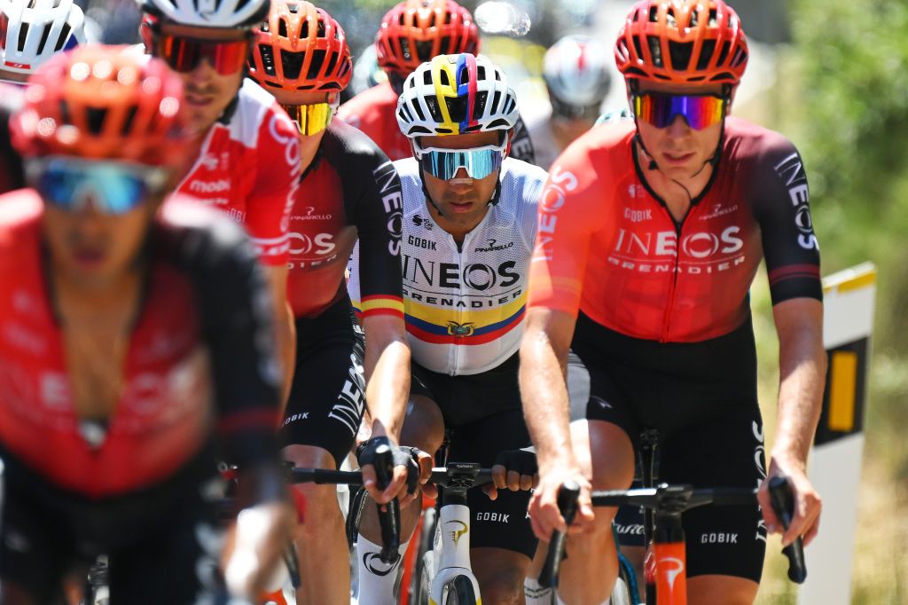 PICO VILLUERCAS SPAIN AUGUST 20 Jhonatan Narvaez of Ecuador and Team INEOS Grenadiers competes during the La Vuelta 79th Tour of Spain 2024 Stage 4 a 1705km stage from Plasencia to Pico Villuercas 1544m UCIWT on August 20 2024 in Pico Villuercas Spain Photo by Tim de WaeleGetty Images