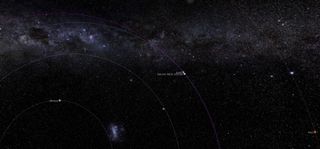 An illustration of the orbits of asteroid 2023 BU and Earth showing the asteroid at perigee on Jan. 26.