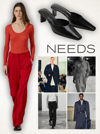 A collage of "needs" including a red Zara top, black Mango heels; The Row, Carven, and Saint Laurent trenches; and Zara top.