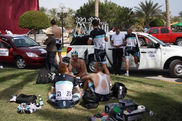 Fabian Cancellara (Leopard Trek) phones home before the start.
