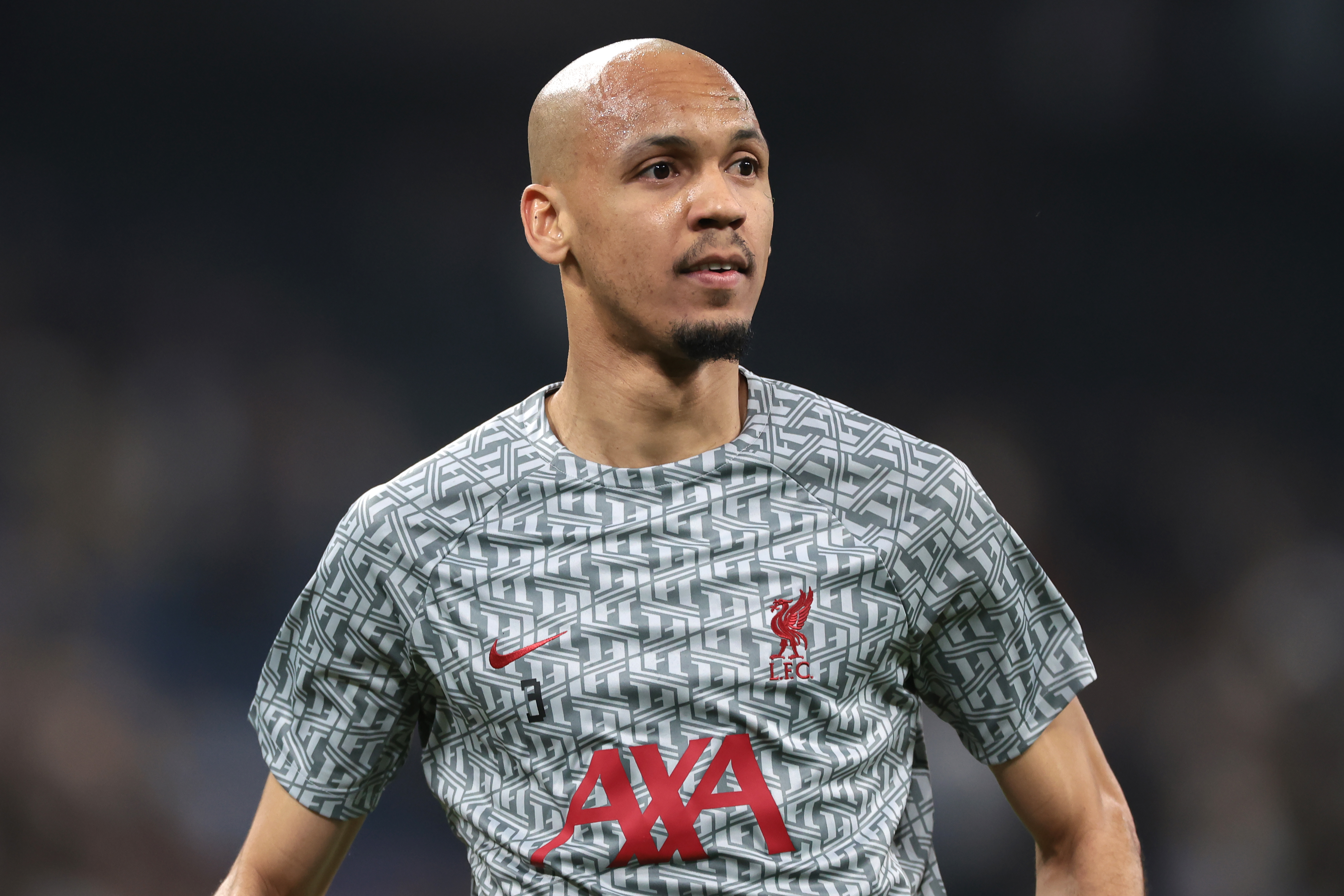 MADRID, SPAIN - MARCH 15: Fabinho of Liverpool FC reacts during the warm up prior to the UEFA Champions League round of 16 leg two match between Real Madrid and Liverpool FC at Estadio Santiago Bernabeu on March 15, 2023 in Madrid, Spain. (Photo by Jonathan Moscrop/Getty Images)
