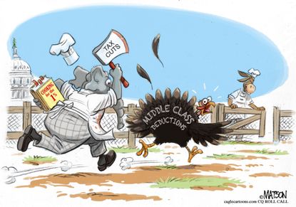 Political cartoon U.S. GOP tax cuts 1 percent middle class Thanksgiving