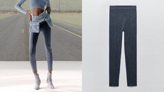 composite of model wearing Zara Seamless Washed Effect Leggings and flat lay