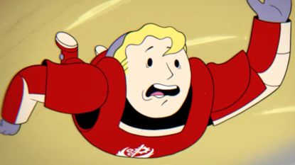 Fallout 76 cartoon mascot in armored suit