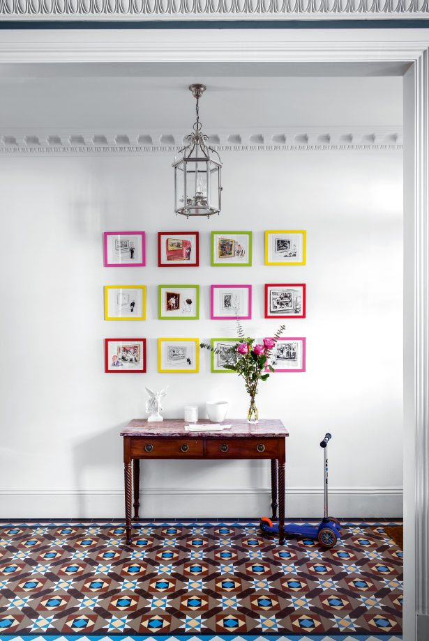 gallery wall ideas with brightly painted picture frames