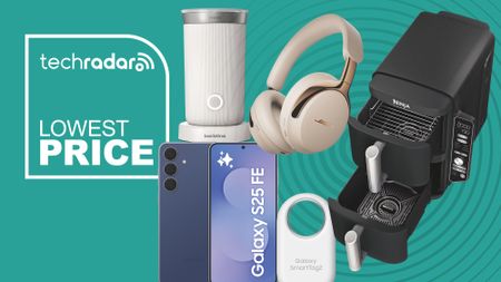 A collection of tech items including a Ninja air fryer, Samsung phone and Bose headphones on a cyan background with a TechRadar deals badge for lowest price