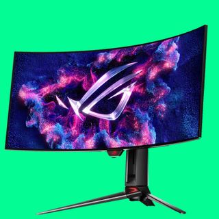 An ultrawide gaming monitor on a colourful background.