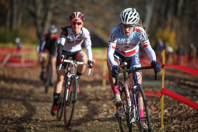 Noble, in the Verge NECXS U23 Elite Women's leader's jersey leading Bruno Roy early in the race