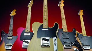 Five Squier and Fender guitar models lined up next to each other
