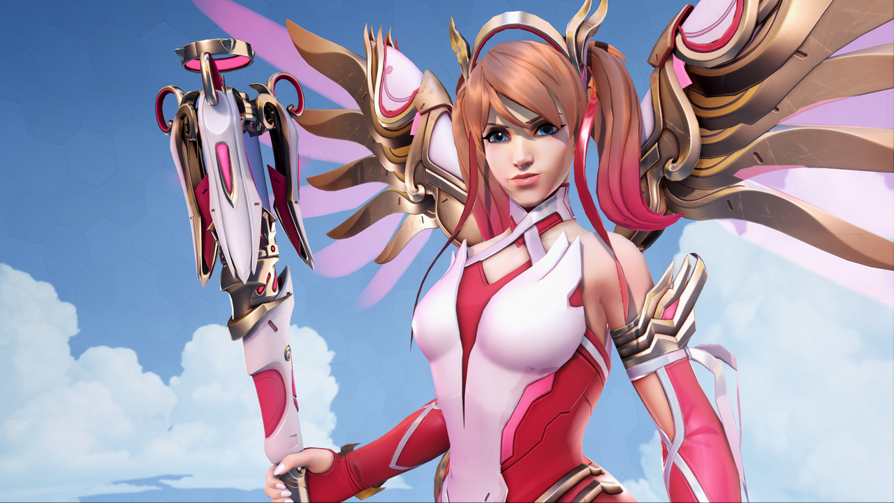 Overwatch 2 Pink Mercy skin with bright background