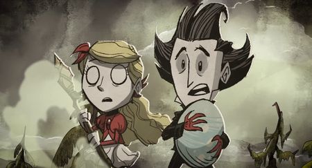 Don't Starve Elsewhere characters looking at something off-screen with a frightened expression