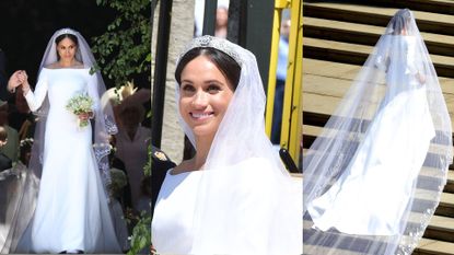 Meghan Markle&#039;s wedding dress and veil showcased as she marries Prince Harry at St George&#039;s Chapel in Windsor, May 2018