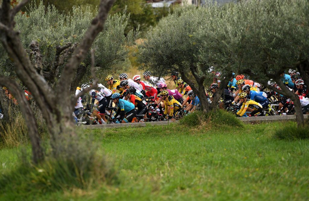 ROCCARASO ITALY OCTOBER 11 Oscar Rodriguez Garaikoetxea of Spain and Astana Pro Team Peter Sagan of Slovakia and Team Bora Hansgrohe Arnaud Demare of France and Groupama FDJ Purple Points Jersey Peloton Landscape Detail view during the 103rd Giro dItalia 2020 Stage 9 a 207km stage from San Salvo to Roccaraso Aremogna 1658m girodiitalia Giro on October 11 2020 in Roccaraso Italy Photo by Tim de WaeleGetty Images