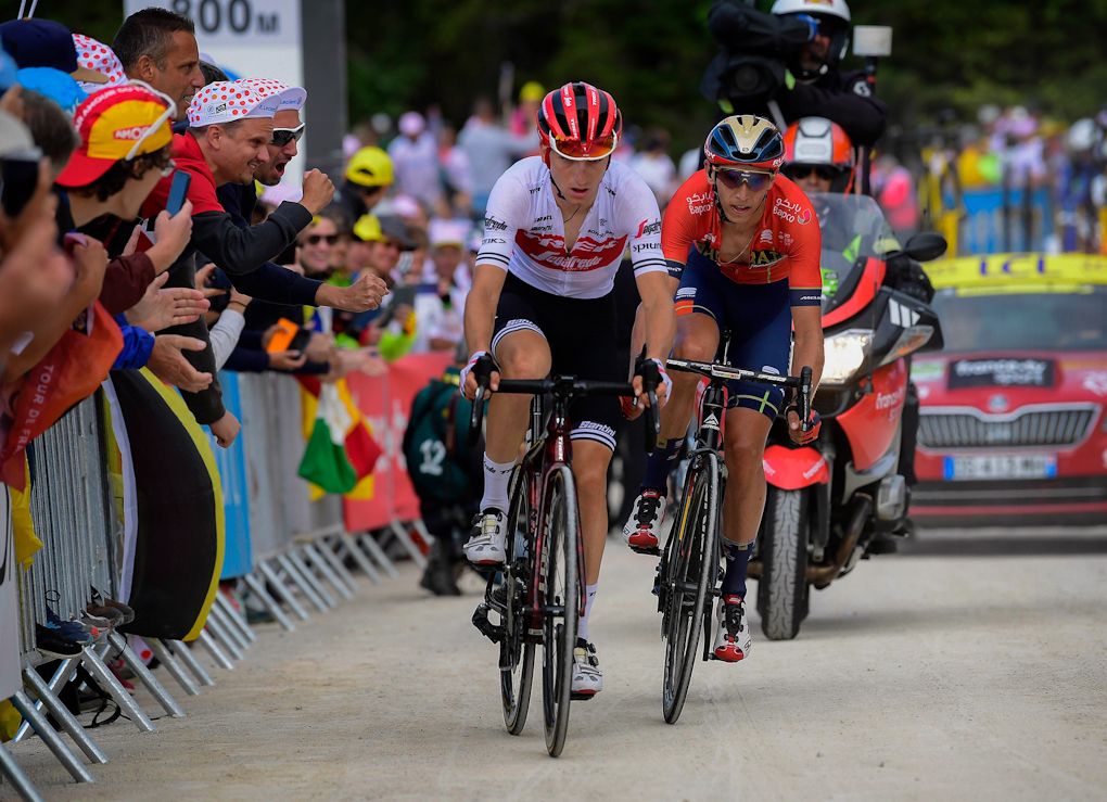 Giulio Ciccone and Dylan Teuns ride to the finish of stage 6 at the Tour de France