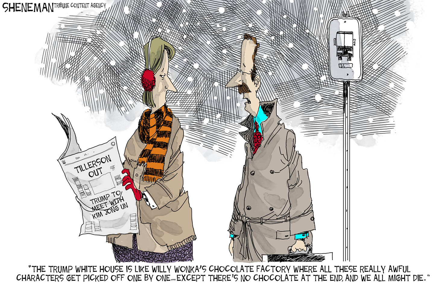 Political cartoon U.S. Trump White House revolving door Charlie and the Chocolate Factory