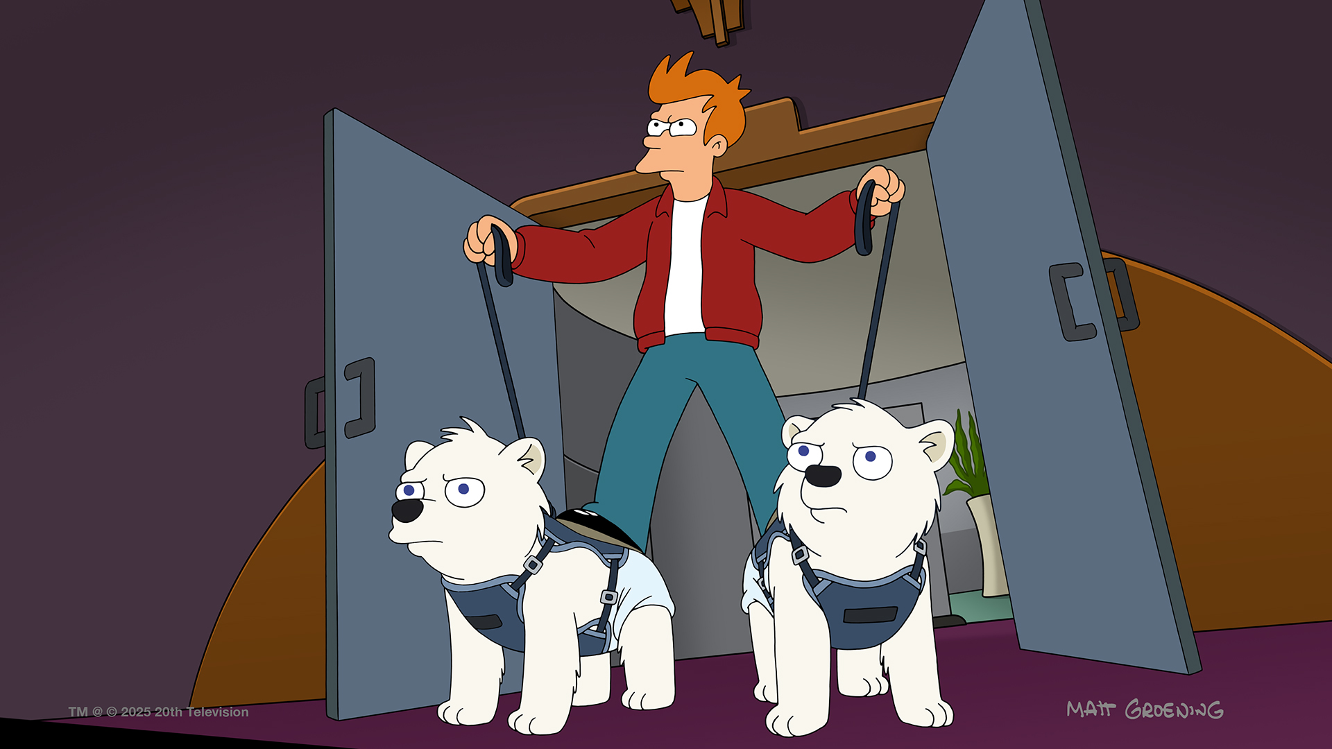 Frye walking a precious pair of polar bear pups on leashes