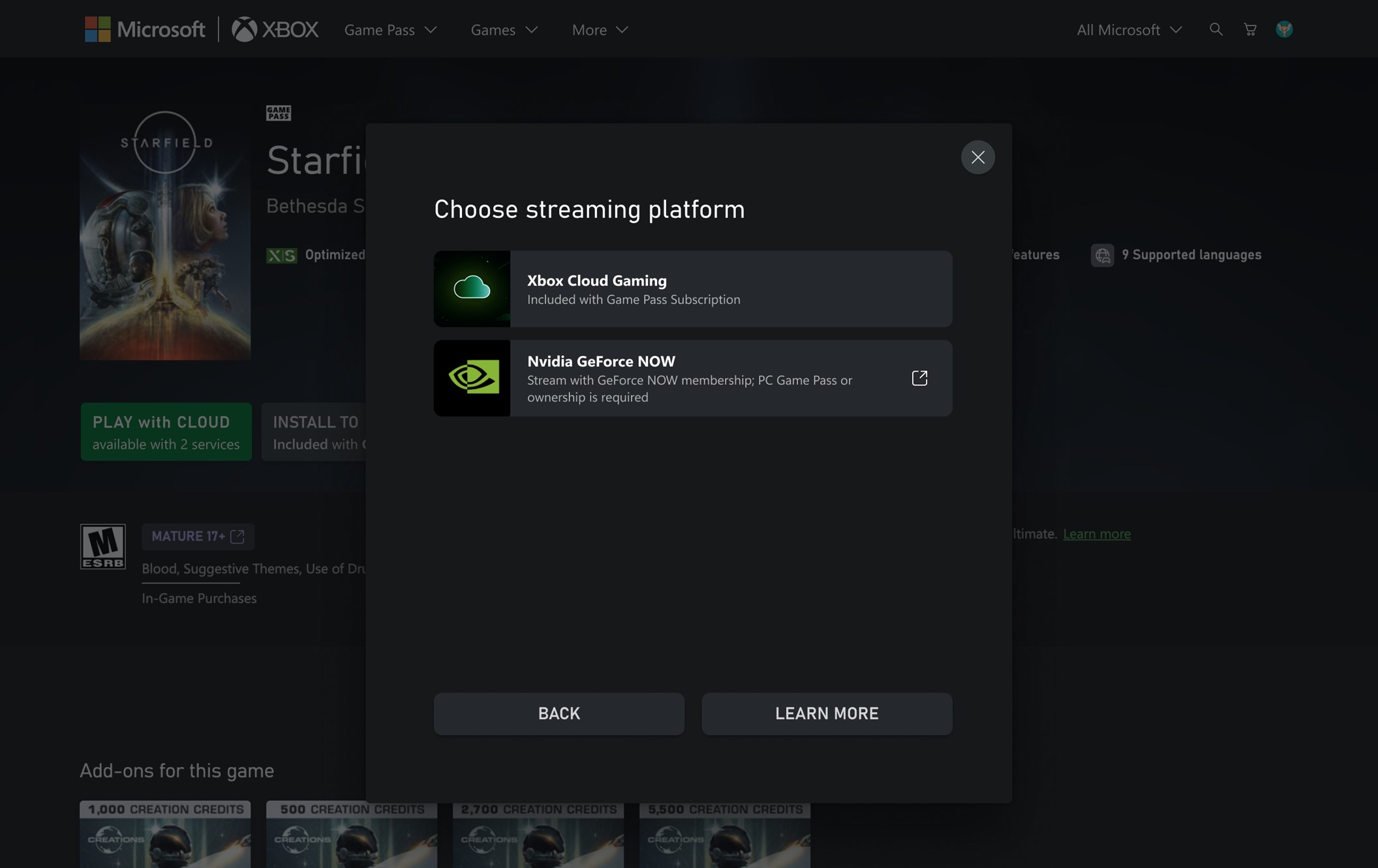 Screenshot of the new NVIDIA GeForce Now integration in the Xbox Store.