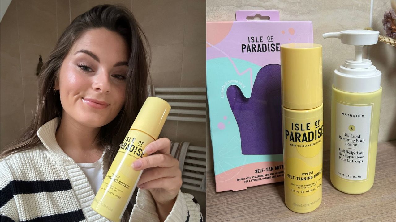 Tori Crowther holding a bottle of Isle Of Paradise Express Mousse and a lineup of the products use to apply it