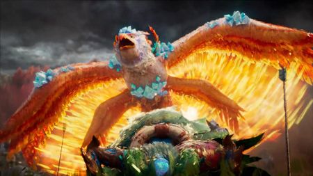 A phoenix swoops over a dying faun on a battlefield, from the Heroes of Might and Magic: Olden Era opening cinematic movie