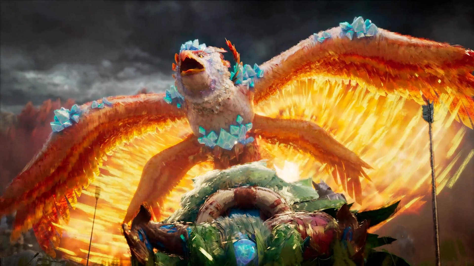 A phoenix swoops over a dying faun on a battlefield, from the Heroes of Might and Magic: Olden Era opening cinematic movie