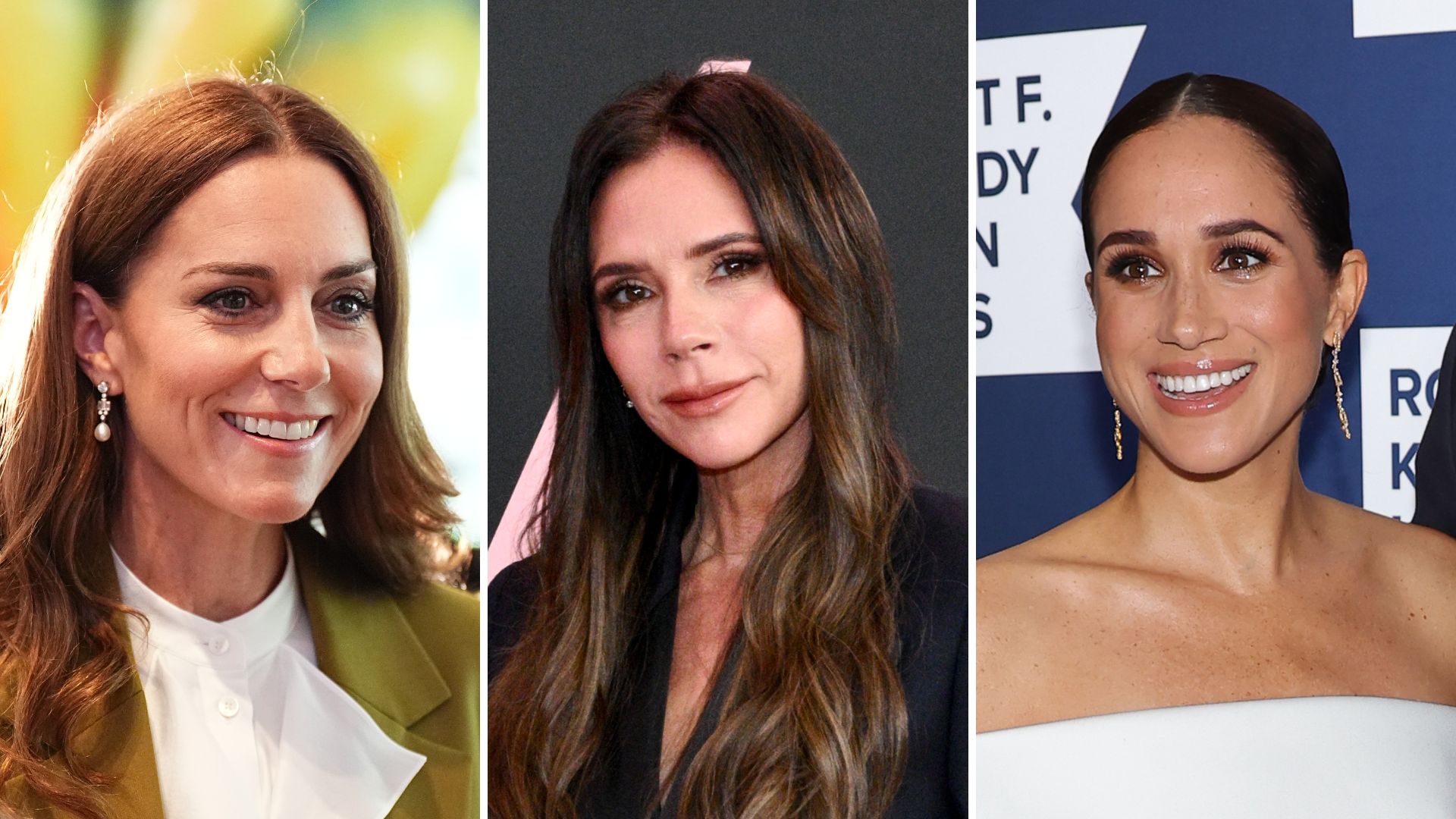 Composite of a picture of Kate Middleton wearing a Victoria Beckham suit, a picture of Victoria Beckham herself and a picture of Meghan Markle 
