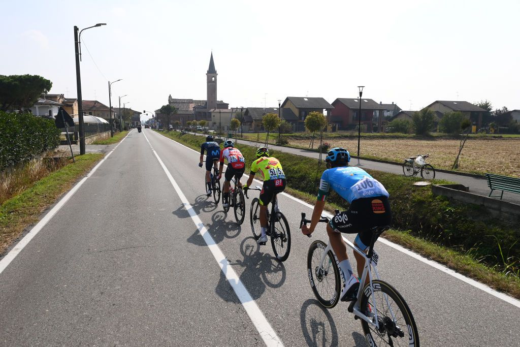 BEINASCO ITALY OCTOBER 06 Andrea Pietrobon of Italy and EoloKometa Cycling Team Kamil Malecki of Poland and Team Lotto Soudal Marco Tizza of Italy and Team Bingoal Pauwels Sauces WB and Matteo Jorgenson of United States and Movistar Team compete in the breakaway during the 106th Gran Piemonte 2022 a 198km one day race from Omegna to Beinasco GranPiemonte on October 06 2022 in Beinasco Italy Photo by Tim de WaeleGetty Images