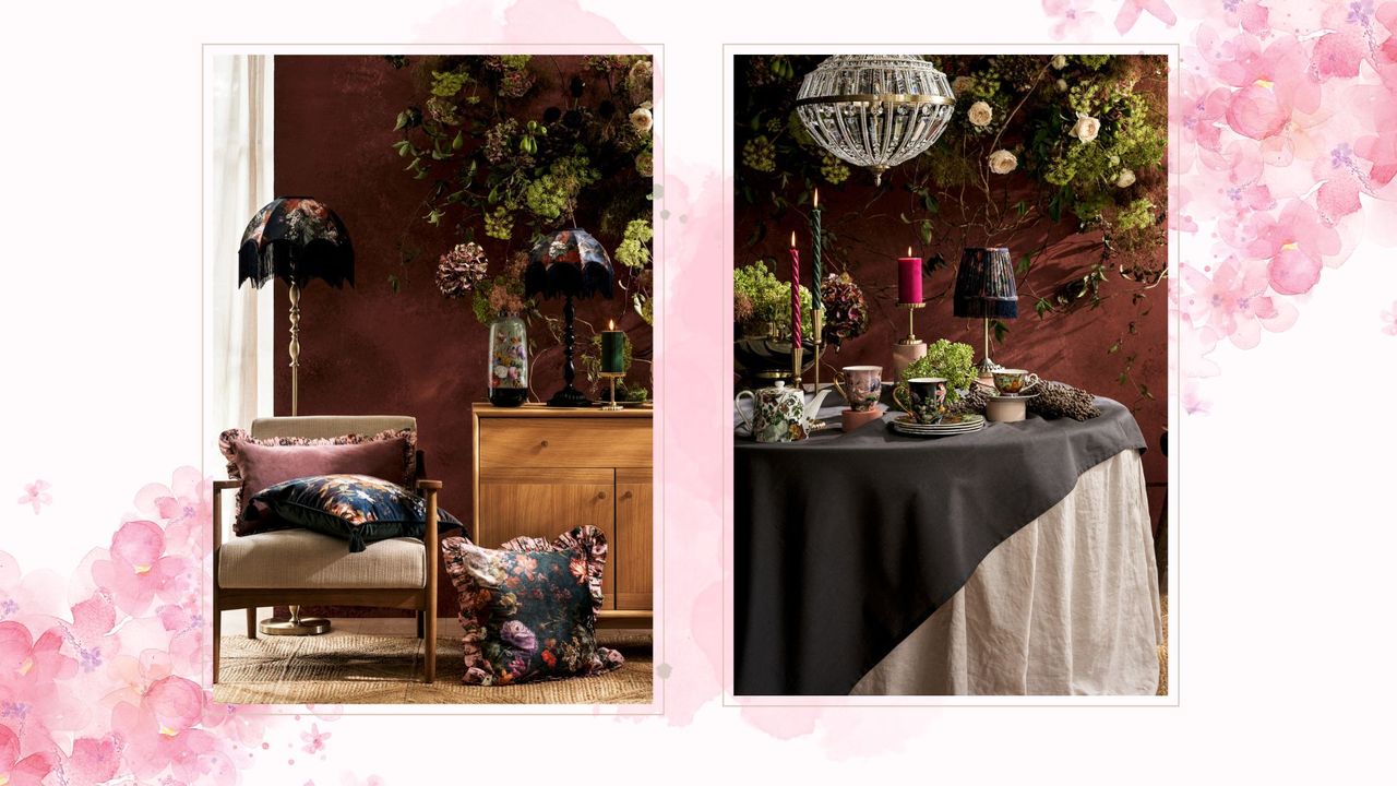 dramatically dark lifestyle images on a floral background to show the new Marks and Spencer National Gallery collection