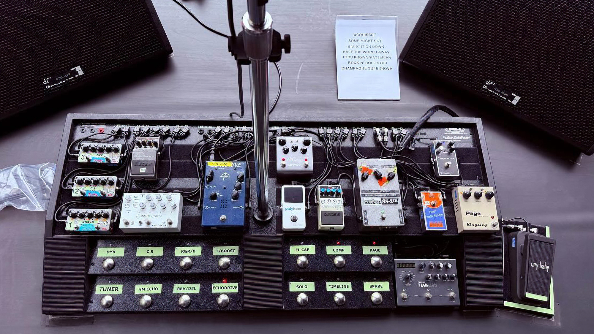 A photo of Noel Gallagher's pedalboard from the Oasis 2025 reunion tour