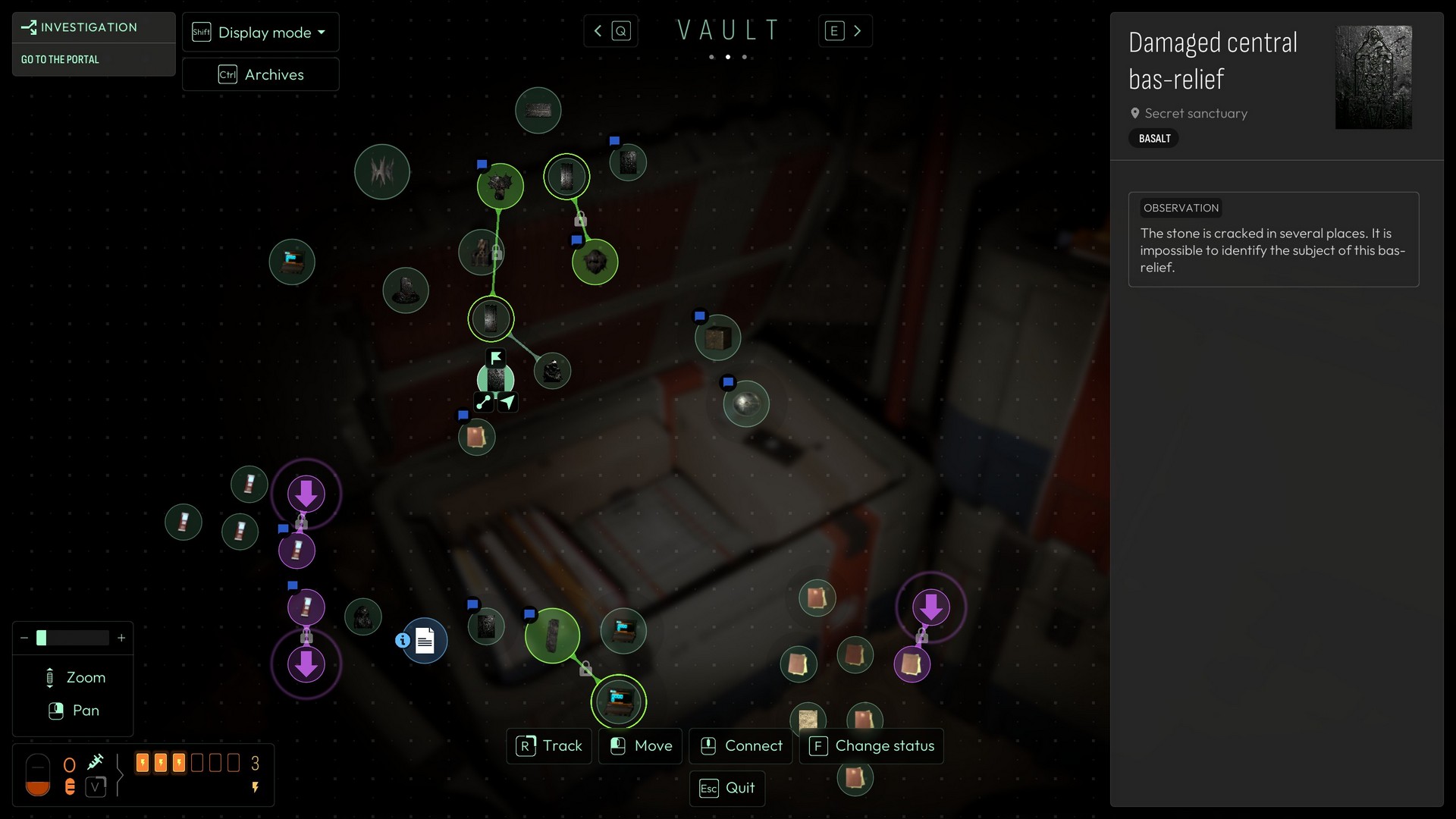 Noah's mind map Archive in Cthulhu: The Cosmic Abyss showing several groups of clues connected with green and purple highlights