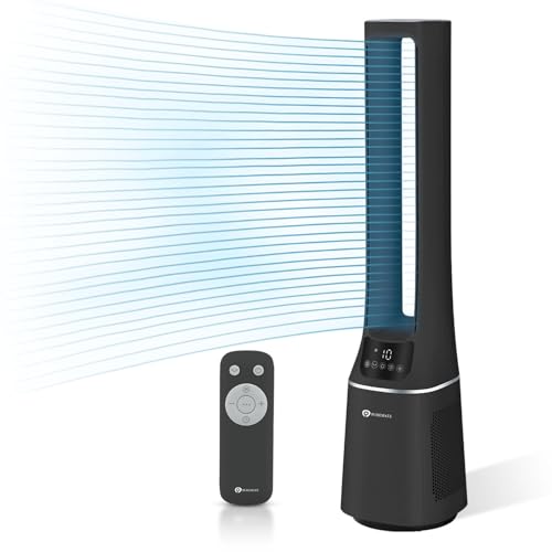 Puremate 2-In-1 Bladeless Tower Fan & Air Purifier With Hepa Filter, 10 Speed Settings, Portable Ultra Quiet Standing Fan With Remote Control, Digital Display, Powerful Air Cooling for Home & Office