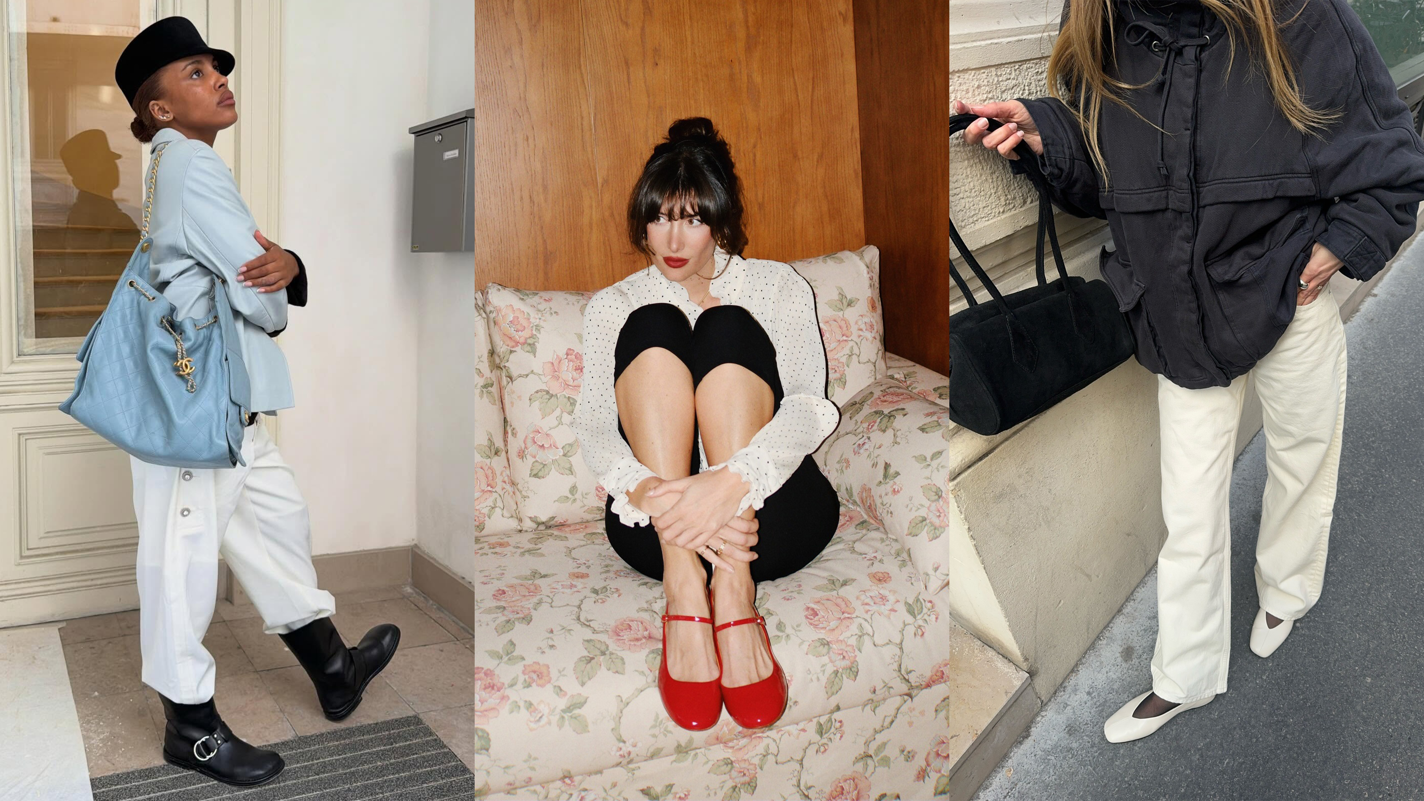 @mv.tiangue wearing a Chanel bag, white pants, icy blue coat, and half-boots; @juliesfi wearing red Mary Janes, capris, and a white button down; @annelauremais wearing a Free People jacket and jeans with a pair of glove flats