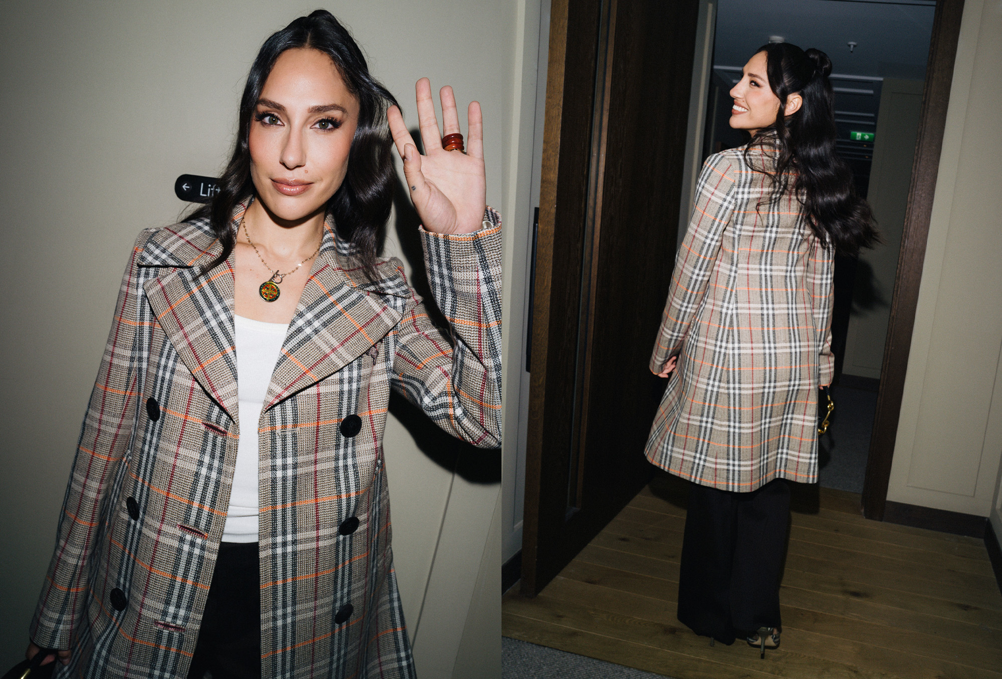 Tefi Pessoa getting ready to attend the Burberry Spring 2026 runway show