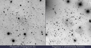 Two images are black and white representations of the cosmos. They have dark blobs.