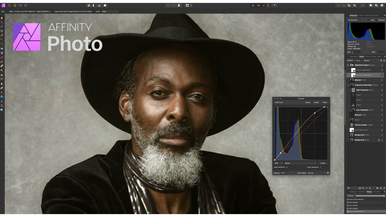 Portrait of bearded man in hat being edited in Affinity Photo